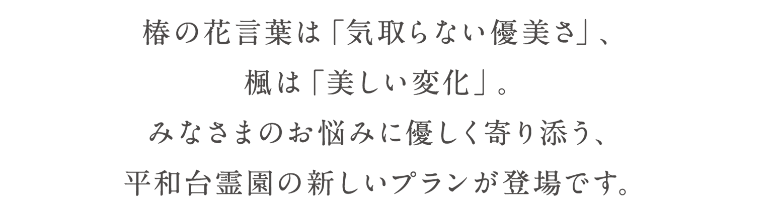 椿の花言葉は「気取らない優美さ」、楓は「美しい変化」。みなさまのお悩みに優しく寄り添う、平和台霊園の新しいプランが登場です。